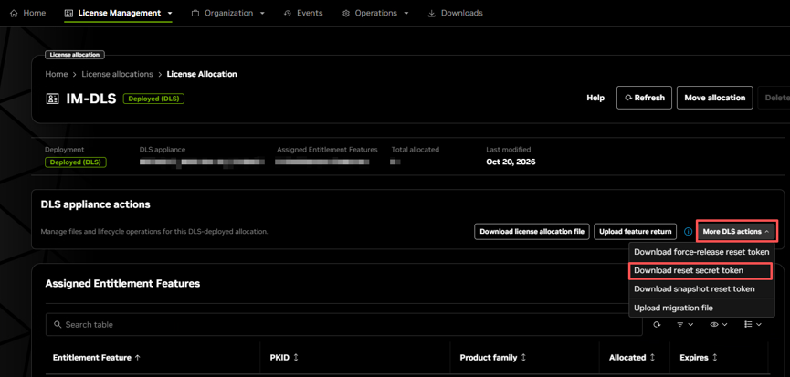 DLS appliance actions → More DLS actions
